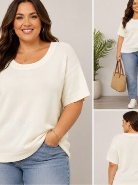 NWT Edited x Hunter McGrady Ivory Short Sleeve Knit Sweater Plus Size 3X